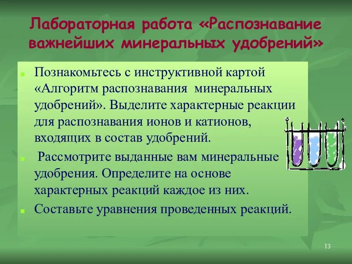 Лабораторная работа «Распознавание важнейших минеральных удобрений» Познакомьтесь с инструктивной картой «Алгоритм