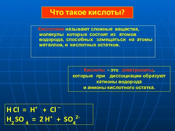 H Cl = H+ + Cl – H2 SO 4 =