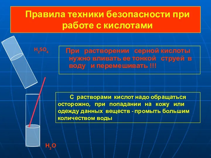 Правила техники безопасности при работе с кислотами При растворении серной кислоты