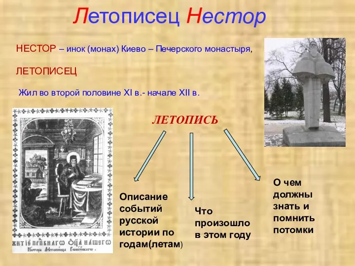 Летописец Нестор Жил во второй половине XI в.- начале XII в.