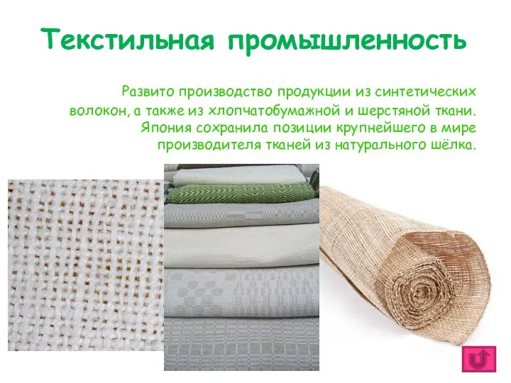 Текстильная промышленность Развито производство продукции из синтетических волокон, а также из