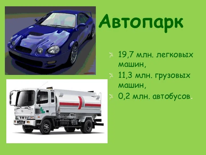 Автопарк 19,7 млн. легковых машин, 11,3 млн. грузовых машин, 0,2 млн. автобусов.