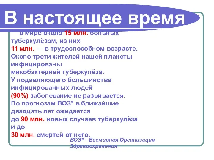 в мире около 15 млн. больных туберкулёзом, из них 11 млн.