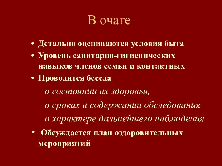 В очаге Детально оцениваются условия быта Уровень санитарно-гигиенических навыков членов семьи