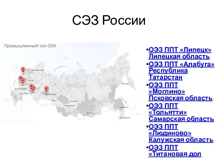 ОЭЗ ППТ «Липецк» Липецкая область ОЭЗ ППТ «Алабуга» Республика Татарстан ОЭЗ