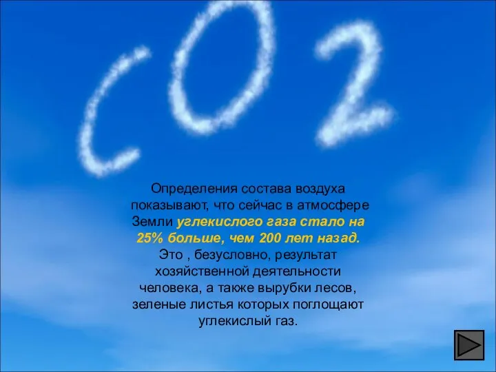 Определения состава воздуха показывают, что сейчас в атмосфере Земли углекислого газа