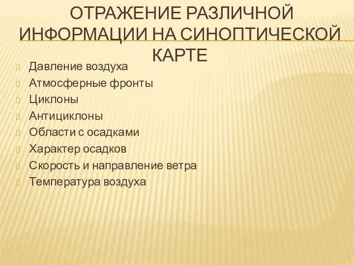 отражение различной информации на синоптической карте Давление воздуха Атмосферные фронты Циклоны