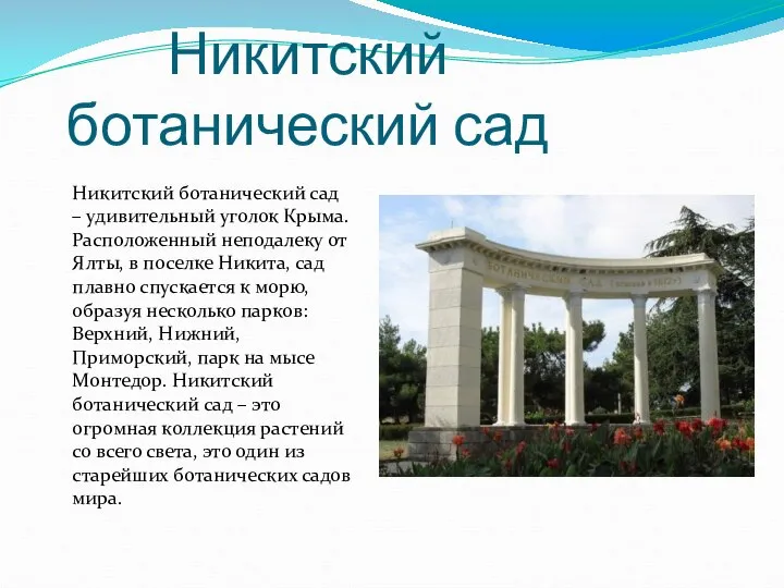 Никитский ботанический сад Никитский ботанический сад – удивительный уголок Крыма. Расположенный