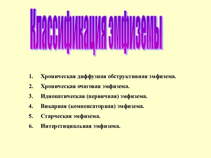 Хроническая диффузная обструктивная эмфизема. Хроническая очаговая эмфизема. Идиопатическая (первичная) эмфизема. Викарная