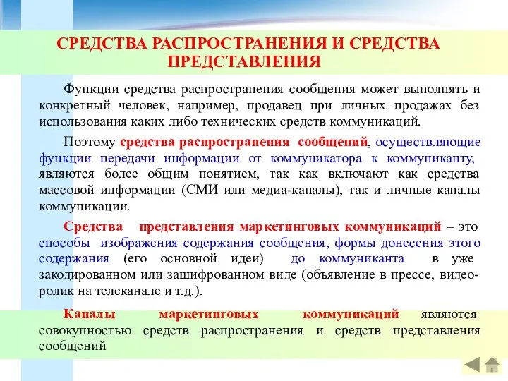 СРЕДСТВА РАСПРОСТРАНЕНИЯ И СРЕДСТВА ПРЕДСТАВЛЕНИЯ Функции средства распространения сообщения может выполнять