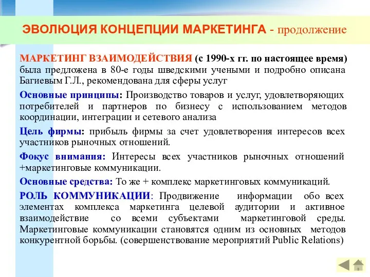 ЭВОЛЮЦИЯ КОНЦЕПЦИИ МАРКЕТИНГА - продолжение МАРКЕТИНГ ВЗАИМОДЕЙСТВИЯ (с 1990-х гг. по