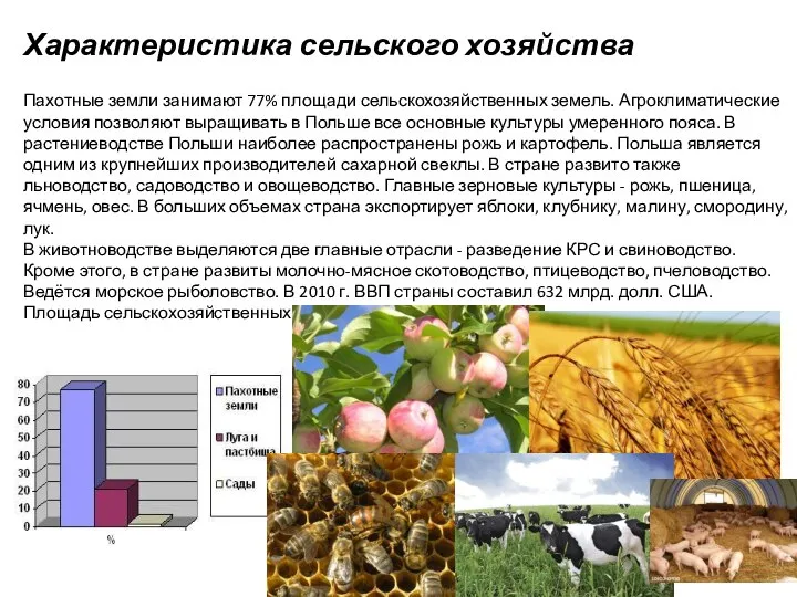 Характеристика сельского хозяйства Пахотные земли занимают 77% площади сельскохозяйственных земель. Агроклиматические