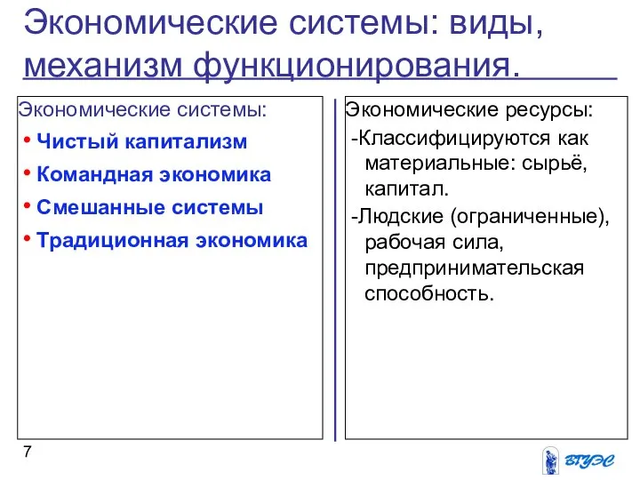 Экономические ресурсы: -Классифицируются как материальные: сырьё, капитал. -Людские (ограниченные), рабочая сила,