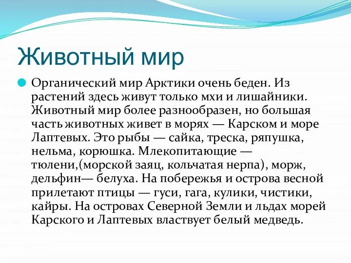 Животный мир Органический мир Арктики очень беден. Из растений здесь живут