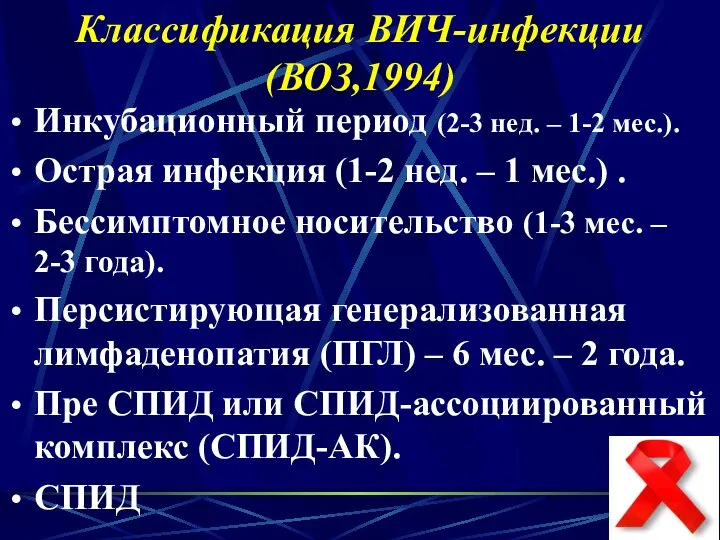 Классификация ВИЧ-инфекции (ВОЗ,1994) Инкубационный период (2-3 нед. – 1-2 мес.). Острая