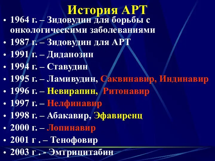 История АРТ 1964 г. – Зидовудин для борьбы с онкологическими заболеваниями