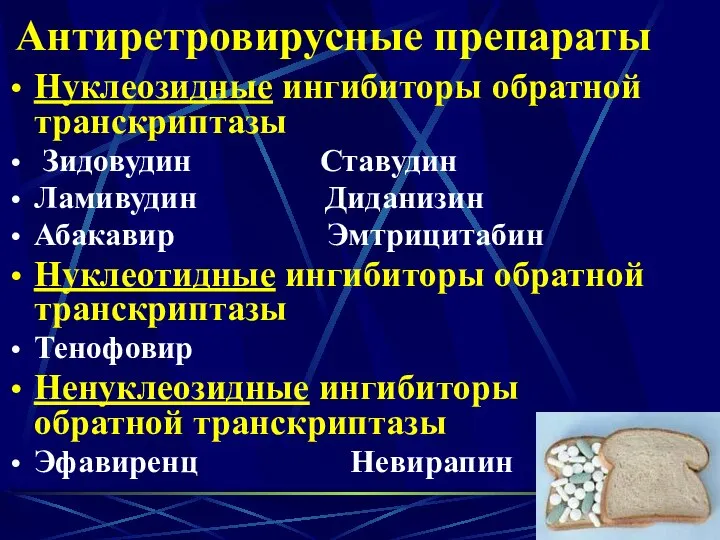 Антиретровирусные препараты Нуклеозидные ингибиторы обратной транскриптазы Зидовудин Ставудин Ламивудин Диданизин Абакавир