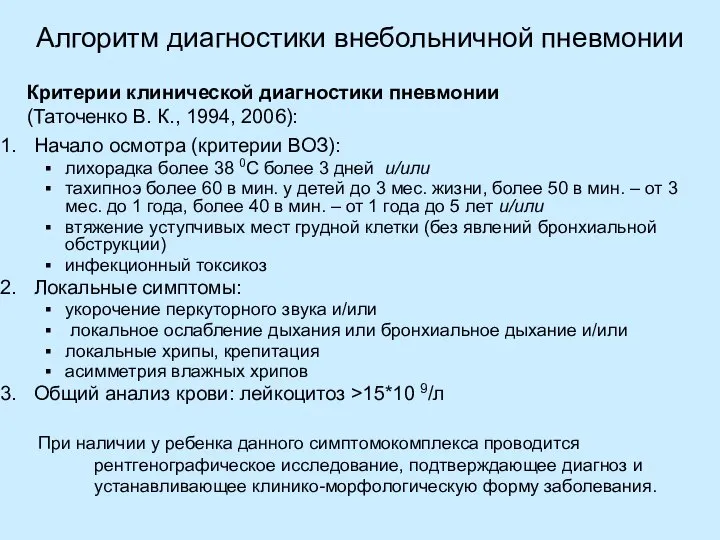 Алгоритм диагностики внебольничной пневмонии Начало осмотра (критерии ВОЗ): лихорадка более 38