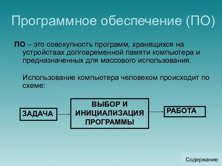 Программное обеспечение (ПО) ПО – это совокупность программ, хранящихся на устройствах