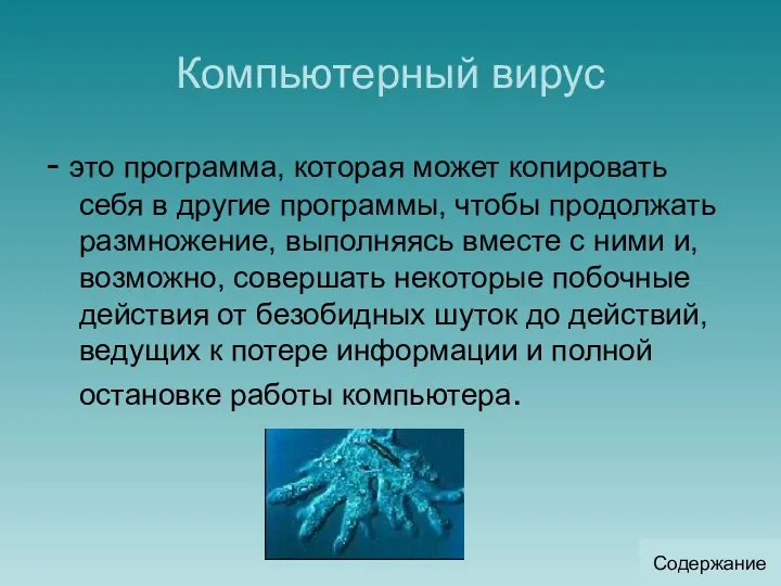 Компьютерный вирус - это программа, которая может копировать себя в другие