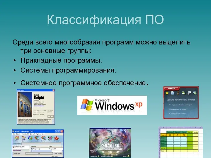 Классификация ПО Среди всего многообразия программ можно выделить три основные группы: