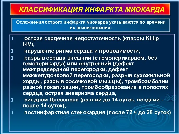 острая сердечная недостаточность (классы Killip I-IV), нарушение ритма сердца и проводимости,