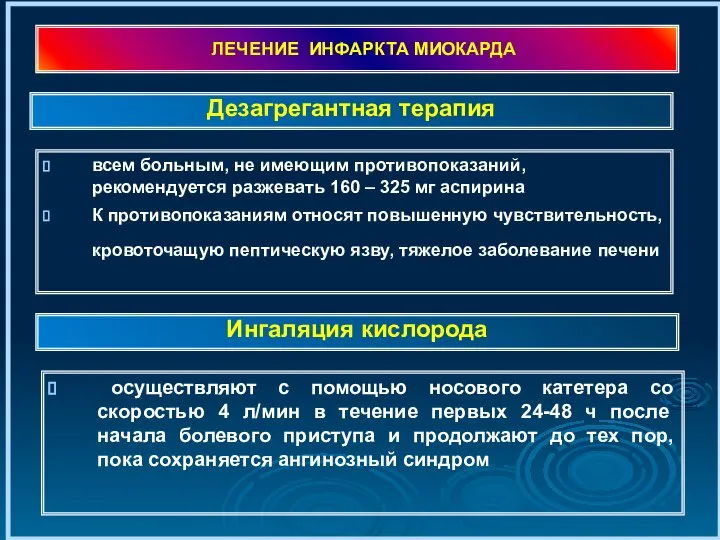 ЛЕЧЕНИЕ ИНФАРКТА МИОКАРДА всем больным, не имеющим противопоказаний, рекомендуется разжевать 160