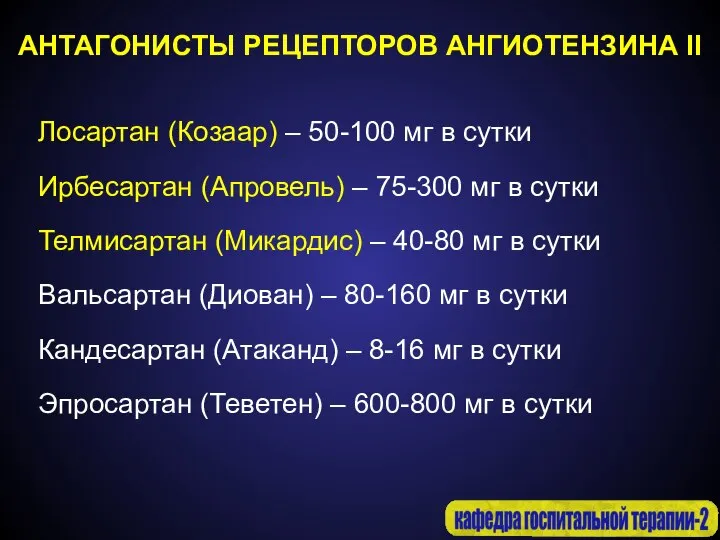 АНТАГОНИСТЫ РЕЦЕПТОРОВ АНГИОТЕНЗИНА II Лосартан (Козаар) – 50-100 мг в сутки