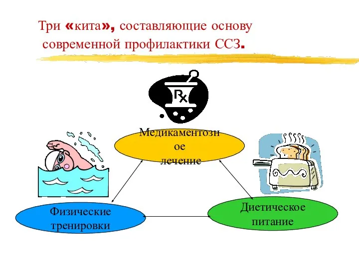 Три «кита», составляющие основу современной профилактики ССЗ. Медикаментозное лечение Физические тренировки Диетическое питание