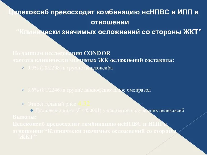 По данным исследования CONDOR частота клинически значимых ЖК осложнений составила: 0.9%