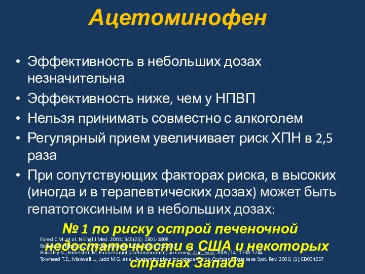 Ацетоминофен Эффективность в небольших дозах незначительна Эффективность ниже, чем у НПВП