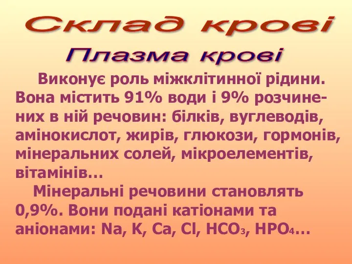 Склад крові Плазма крові Виконує роль міжклітинної рідини. Вона містить 91%