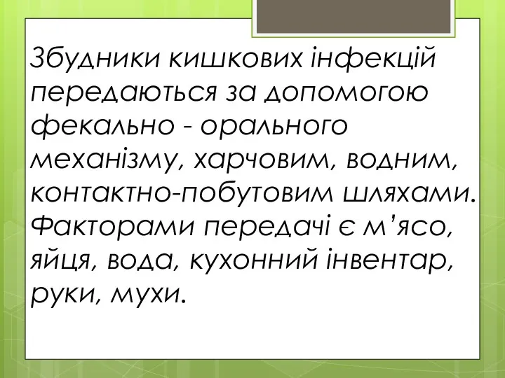 Збудники кишкових інфекцій передаються за допомогою фекально - орального механізму, харчовим,