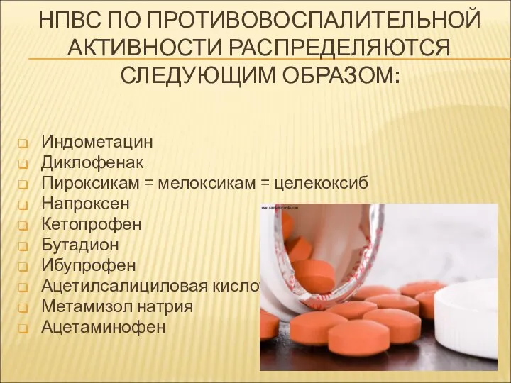 НПВС ПО ПРОТИВОВОСПАЛИТЕЛЬНОЙ АКТИВНОСТИ РАСПРЕДЕЛЯЮТСЯ СЛЕДУЮЩИМ ОБРАЗОМ: Индометацин Диклофенак Пироксикам =