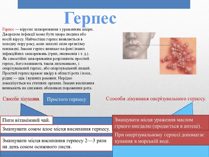 Герпес Герпес — вірусне захворювання з ураженням шкіри. Джерелом інфекції може