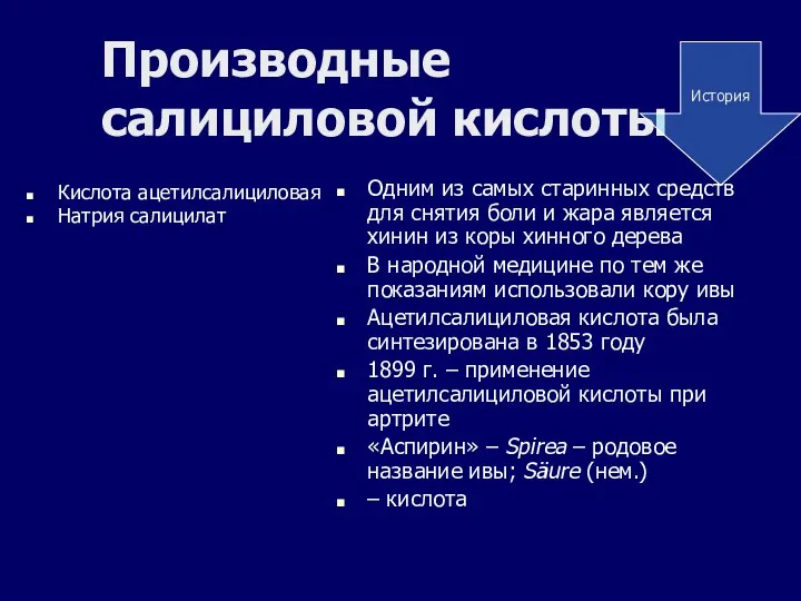 Производные салициловой кислоты Кислота ацетилсалициловая Натрия салицилат Одним из самых старинных