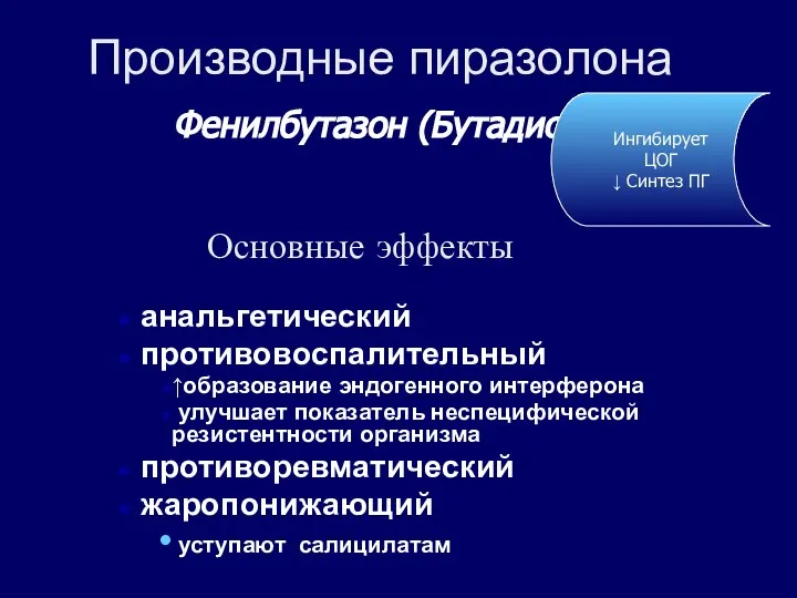 Производные пиразолона Фенилбутазон (Бутадион) Основные эффекты анальгетический противовоспалительный ↑образование эндогенного интерферона