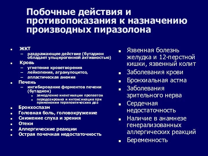 Побочные действия и противопоказания к назначению производных пиразолона ЖКТ раздражающее действие