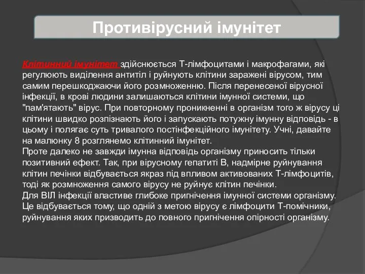 Противірусний імунітет Клітинний імунітет здійснюється Т-лімфоцитами і макрофагами, які регулюють виділення