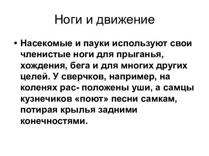 Ноги и движение Насекомые и пауки используют свои членистые ноги для