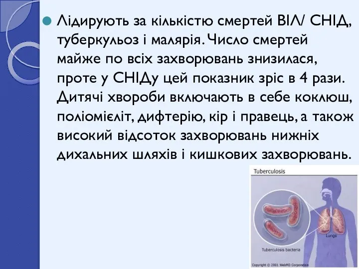 Лідирують за кількістю смертей ВІЛ/ СНІД, туберкульоз і малярія. Число смертей