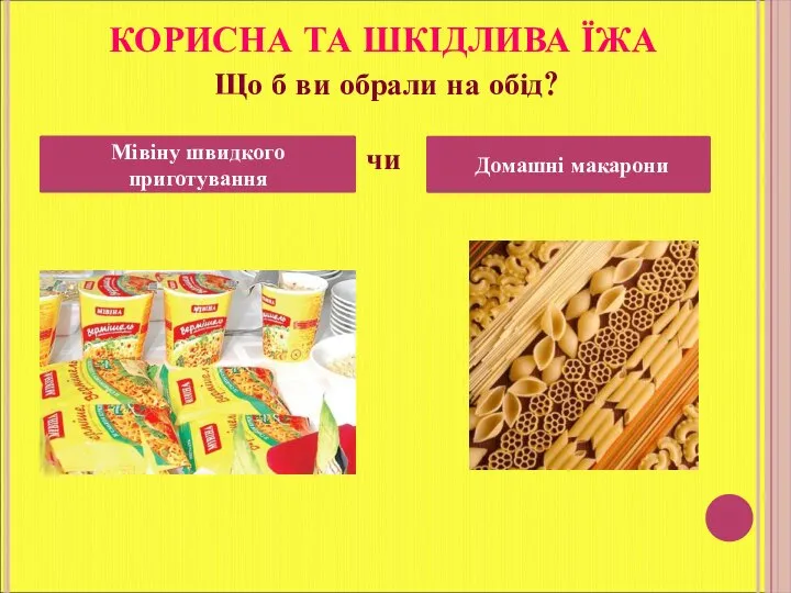 Мівіну швидкого приготування Домашні макарони КОРИСНА ТА ШКІДЛИВА ЇЖА Що б ви обрали на обід? чи