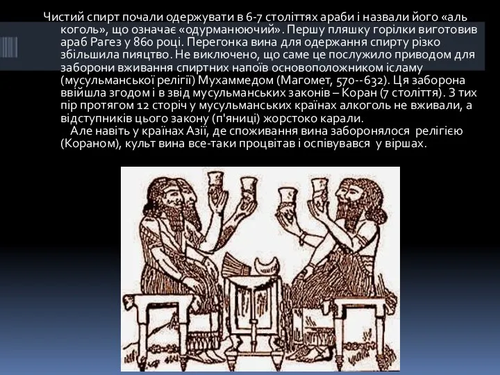 Чистий спирт почали одержувати в 6-7 століттях араби і назвали його