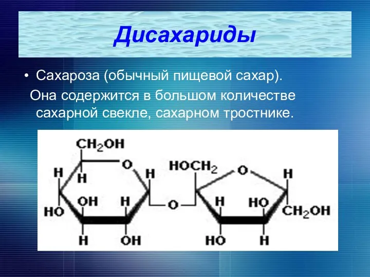 Дисахариды Сахароза (обычный пищевой сахар). Она содержится в большом количестве сахарной свекле, сахарном тростнике.