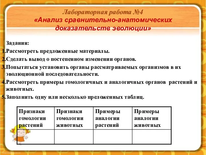 Лабораторная работа №4 «Анализ сравнительно-анатомических доказательств эволюции» Задания: Рассмотреть предложенные материалы.