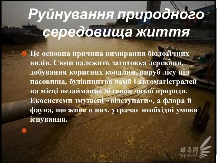 Руйнування природного середовища життя Це основна причина вимирання біологічних видів. Сюди