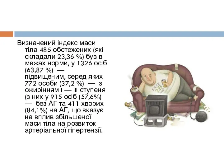 Визначений індекс маси тіла 485 обстежених (які складали 23,36 %) був