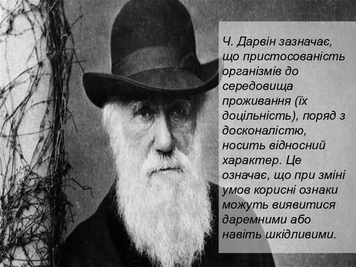 Ч. Дарвін зазначає, що пристосованість організмів до середовища проживання (їх доцільність),