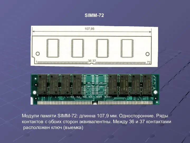 SIMM-72 Модули памяти SIMM-72: длинна 107,9 мм. Односторонние. Ряды контактов с