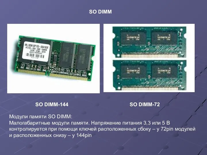 SO DIMM-144 Модули памяти SO DIMM: Малогабаритные модули памяти. Напряжение питания